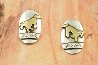 Stunning Sterling Silver Post Earrings with 12K Gold fill Horse Design. Created by Navajo Artist Tommy Singer. Signed by the artist.